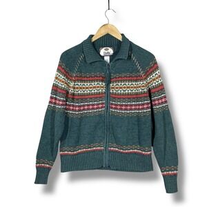 Tiara International Women Teal Fair Isle Zip Up Cardigan Sweater Grandma Size M